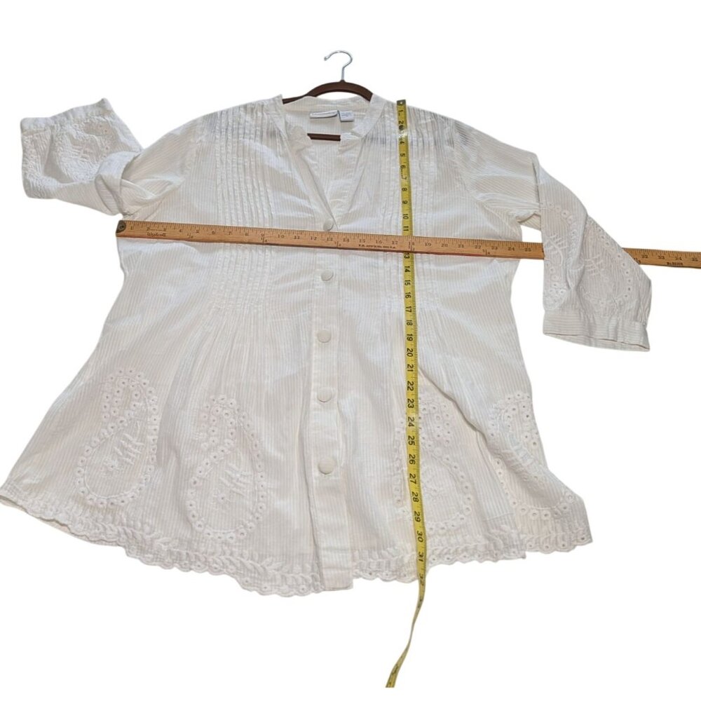 Soft Surroundings 1X White Pintuck Button Down Blouse Embroidered 3/4 Sleeves - Picture 7 of 13